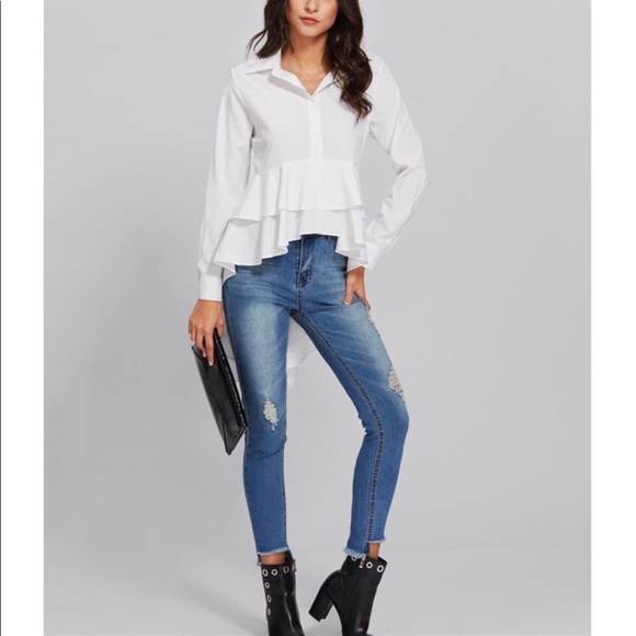 White High Low Ruffles Hem Button Down Blouse - Picture 5 of 6